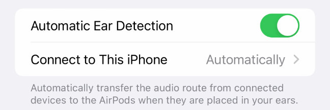 Opzione di rilevamento automatico dell'orecchio per AirPods su iPhone