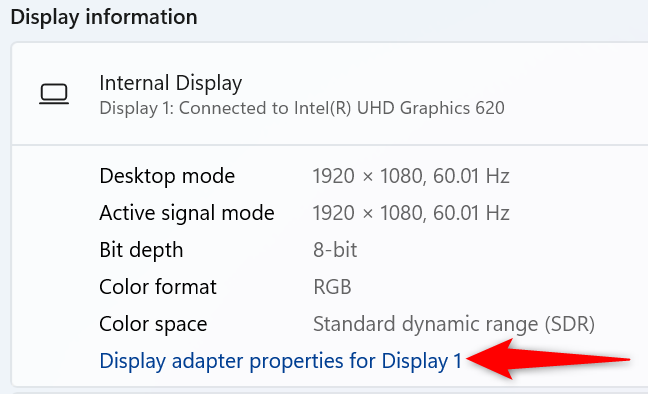 Fare clic su "Visualizza proprietà scheda per Display 1".