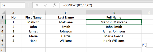 Unisci valori con CONCAT in Excel.