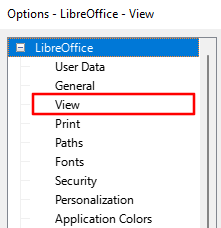 Fare clic su "Visualizza" nell'albero delle opzioni di LibreOffice.