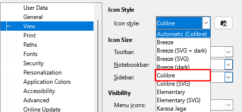 Fai clic sul menu a discesa "Stile icona" e scegli "Colibre".