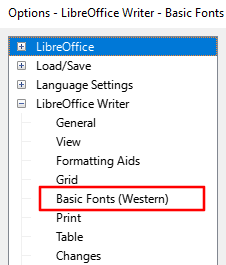 Fare clic su "Caratteri di base (occidentali)" nell'albero di LibreOffice Writer.