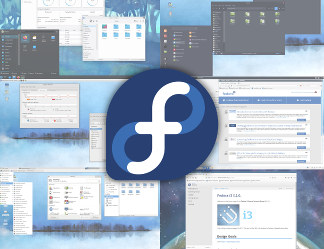 Un collage di Fedora gira sotto il logo Fedora.