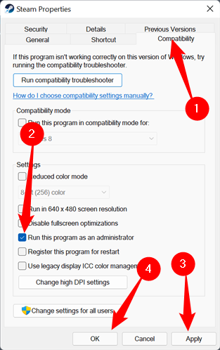 Seleziona la scheda "Compatibilità", seleziona "Esegui come amministratore", quindi fai clic su "Applica" e "Ok".