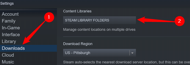 Fai clic su "Download" sul lato sinistro, quindi fai clic su "Cartelle della libreria di Steam".