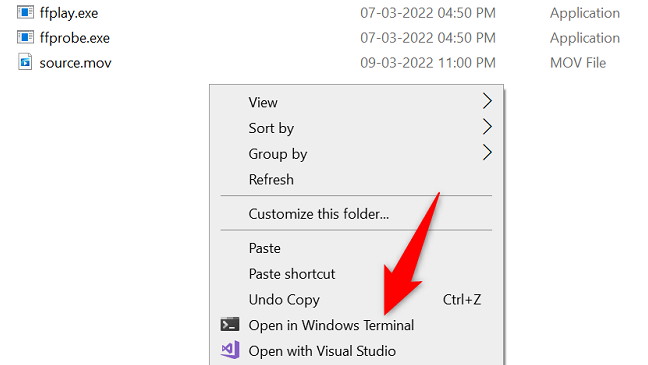 Fai clic con il pulsante destro del mouse in un punto vuoto e seleziona "Apri nel terminale di Windows".