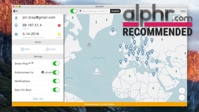 Interfaccia utente NordVPN con premio Alpha