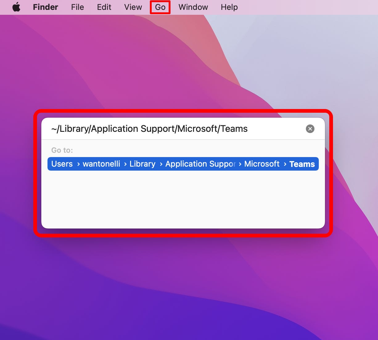 Il menu Vai alla cartella in macOS, con "~/Library/Application Support/Microsoft/Teams" digitato.
