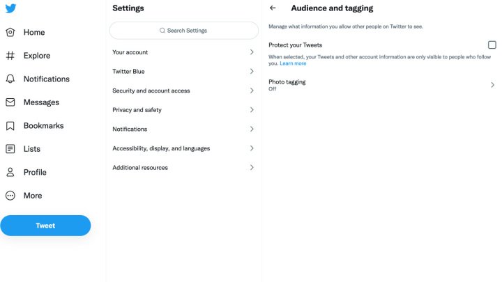 Opzione di menu Twitter per proteggere i tuoi Tweet