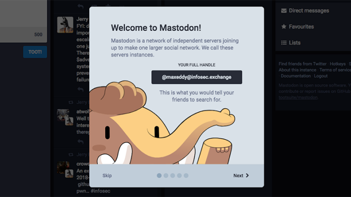 Un simpatico elefante cartone animato che appare in una schermata del tutorial di Mastodon