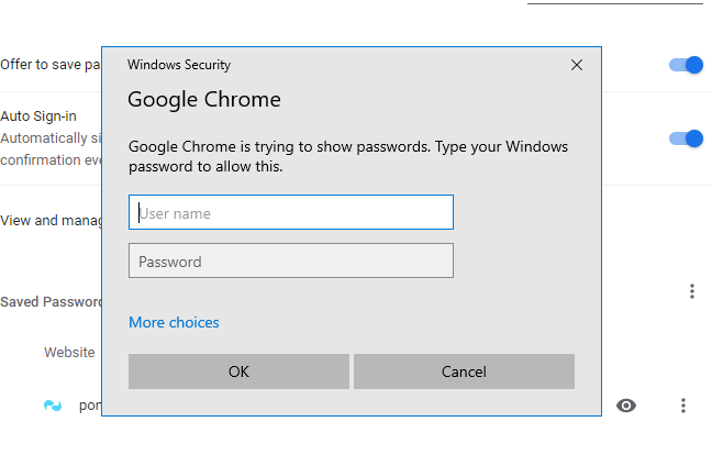 La finestra di dialogo "Sicurezza di Windows" per Google Chrome.