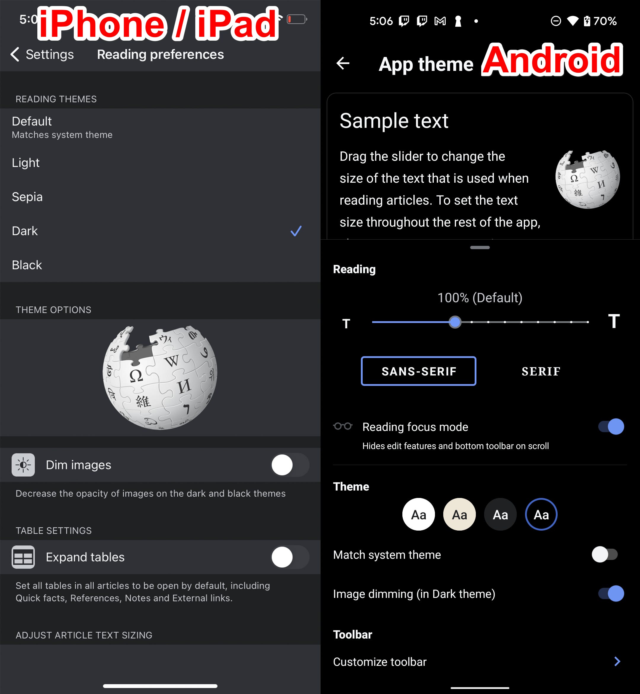 Screenshot delle app Wikipedia per iPhone e Android, utilizzando rispettivamente i temi Dark e Black.