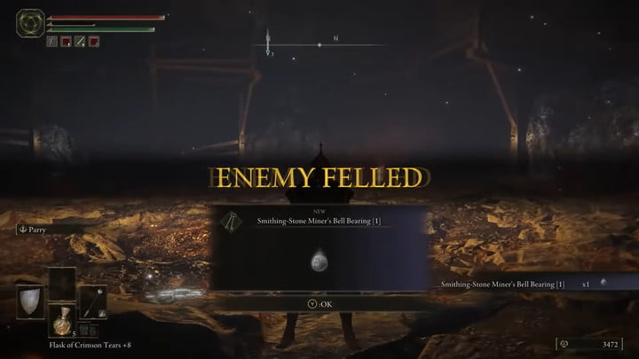 Schermata di Enemy Felled che mostra una campana che viene aggiunta all'inventario di un giocatore in Elden Ring.