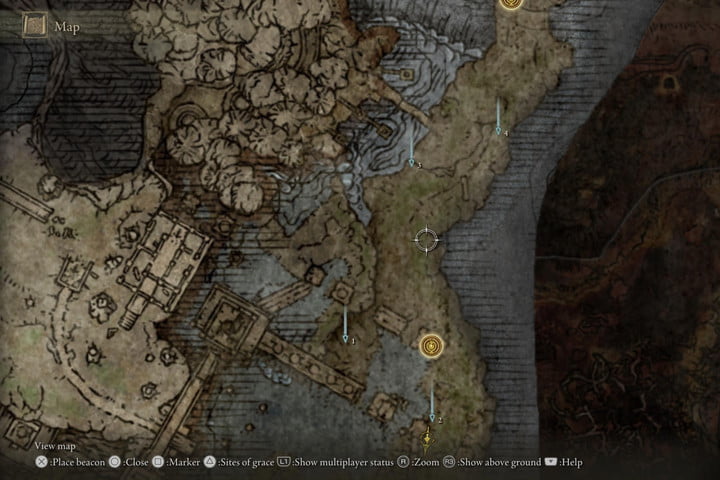 La mappa dell'Elden Ring del fiume Siofra che segna i secondi quattro punti di fuoco per accedere allo scontro con il boss dello Spirito Ancestrale.