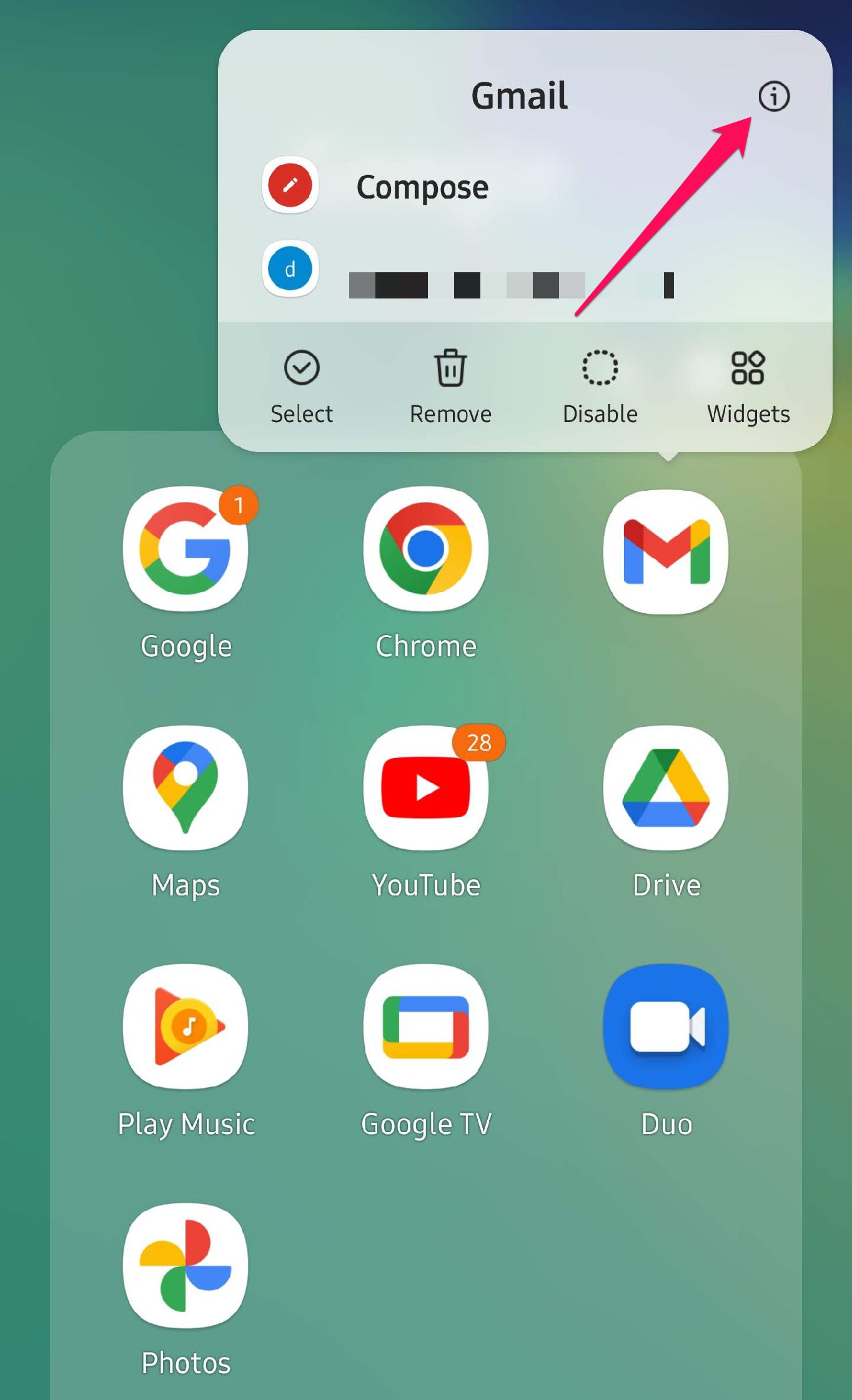 Il menu a pressione prolungata per l'icona di un'app su un telefono Samsung.