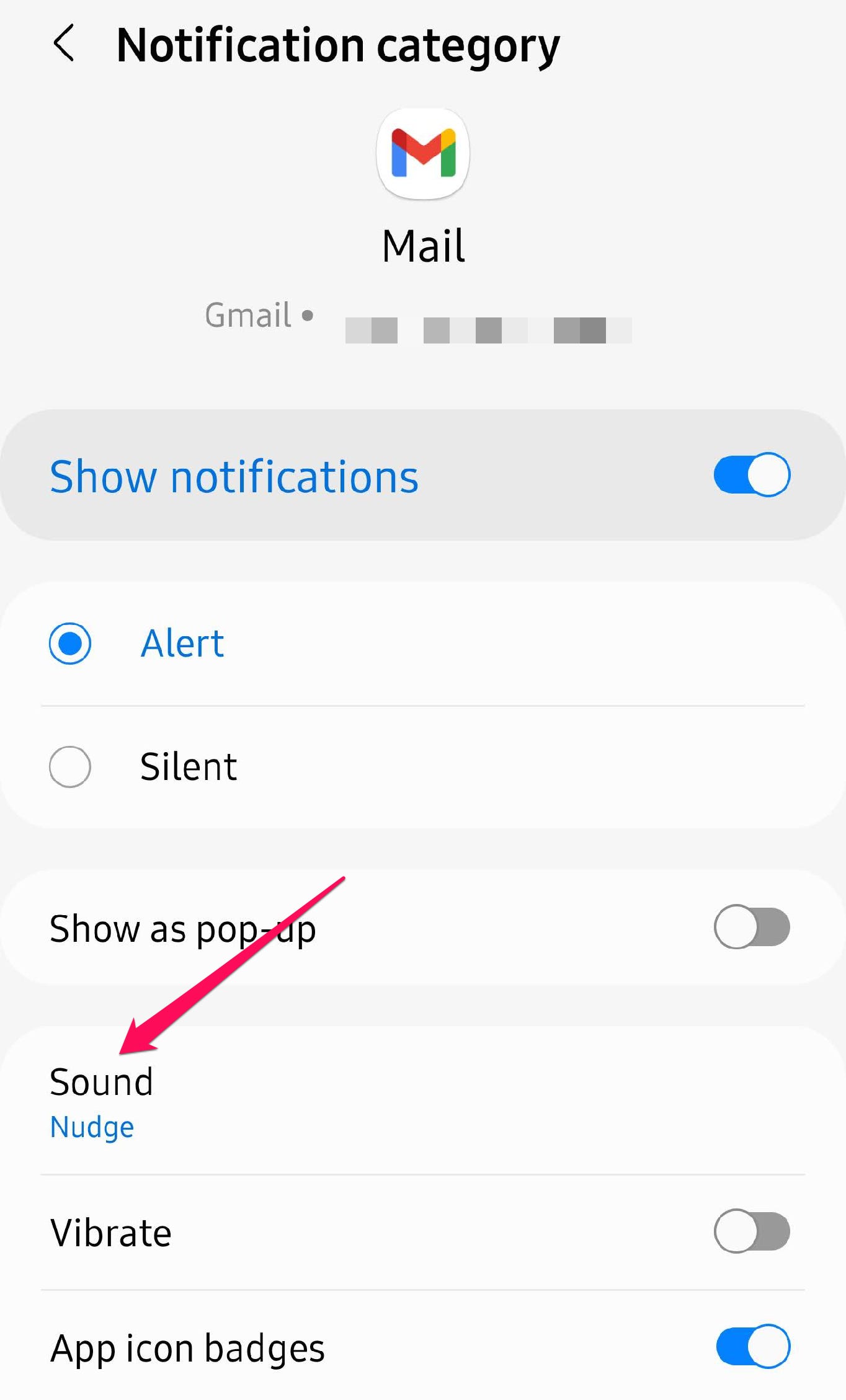 Scelta del suono per una specifica categoria di notifica su Samsung.