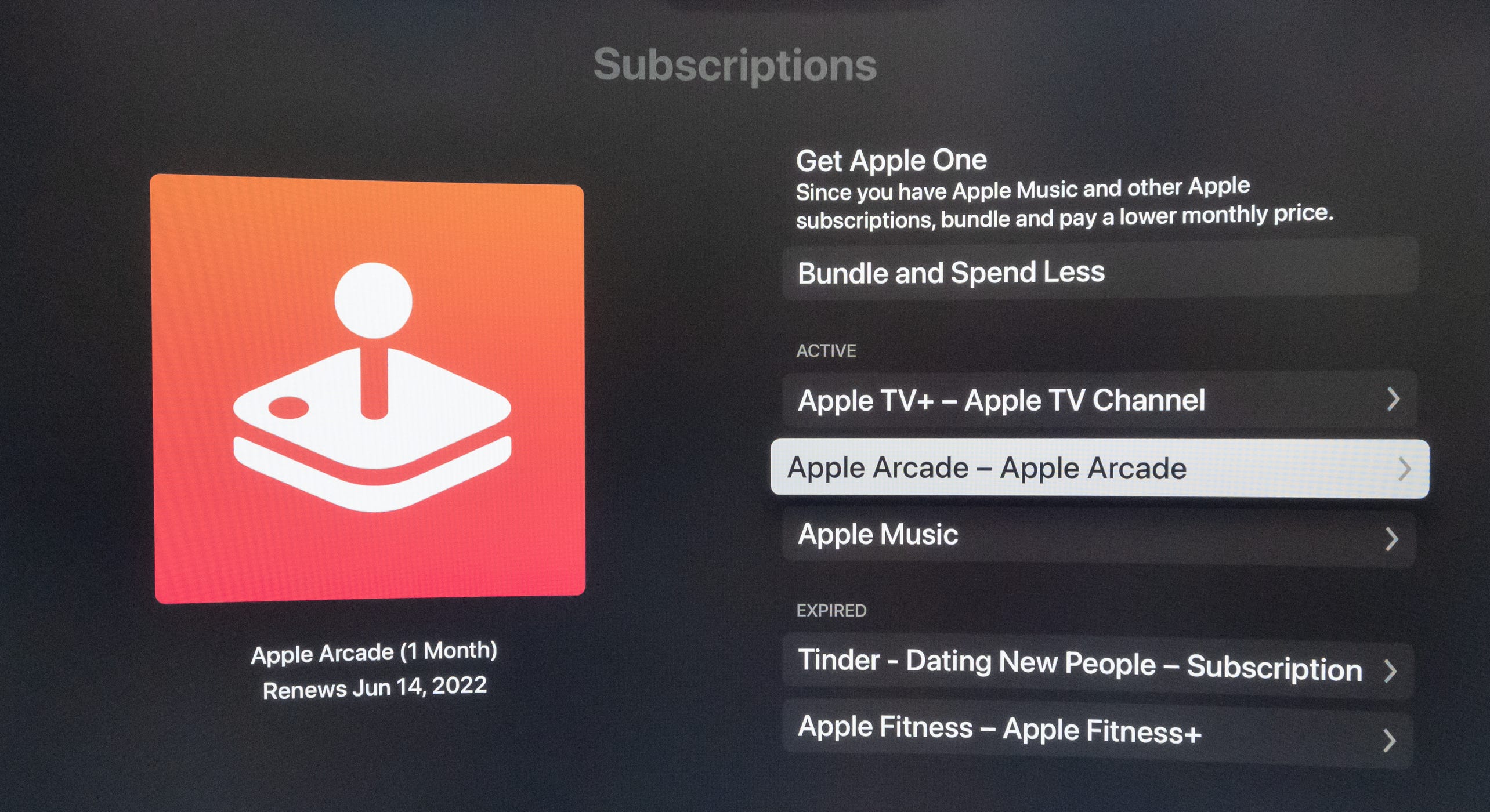 L'app Impostazioni su Apple TV che mostra la pagina di abbonamento ad Apple Arcade.