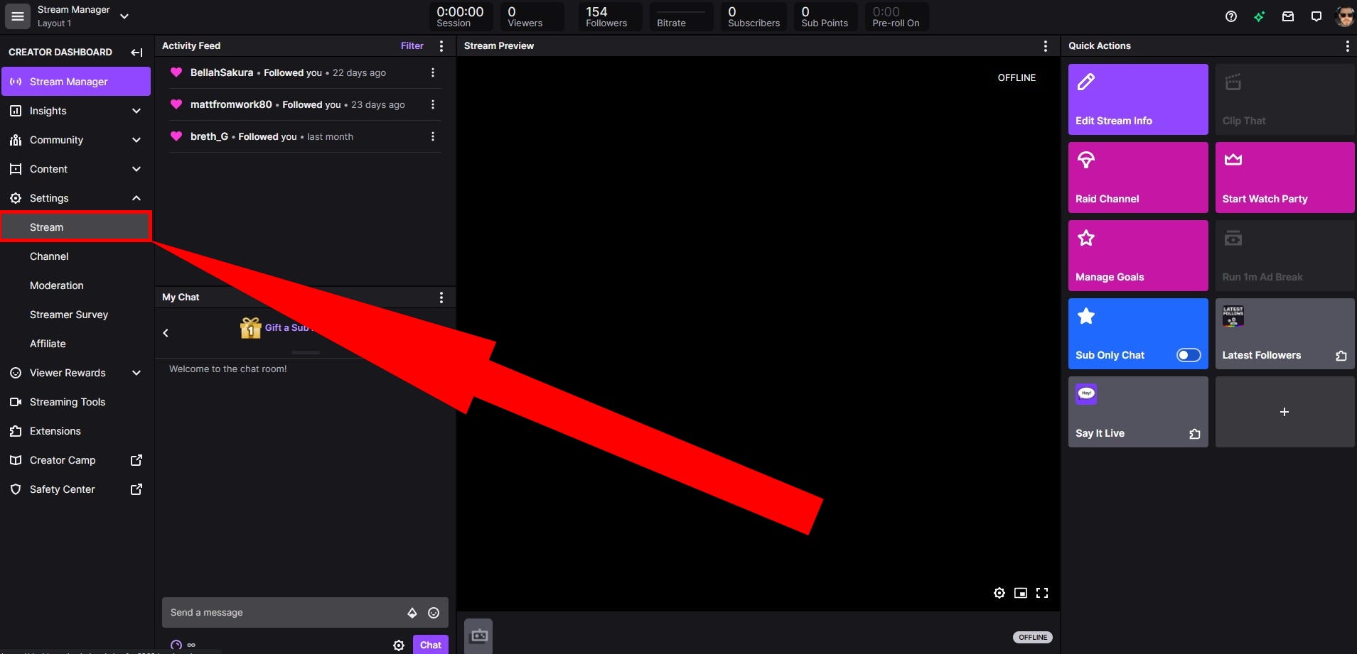 Creator Dashboard di Twitch, con l'opzione "Stream" evidenziata nel menu a sinistra.