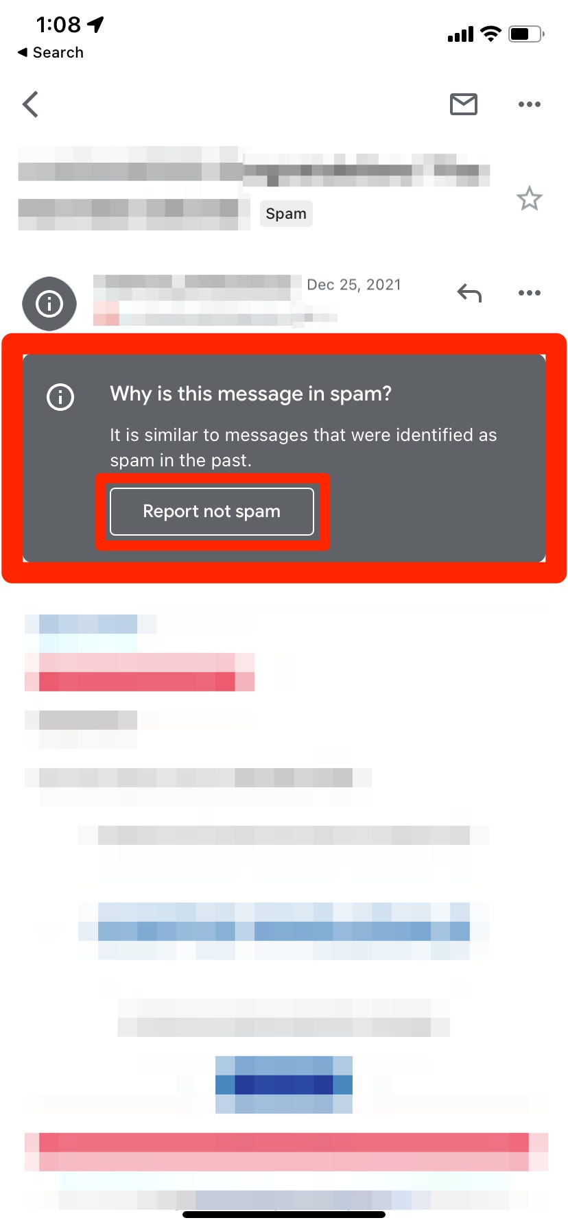 Un'e-mail di spam nell'app Gmail. L'opzione "Segnala come non spam" è evidenziata.