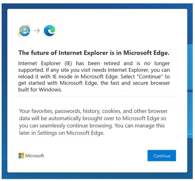 Notifica da Internet Explorer a Edge