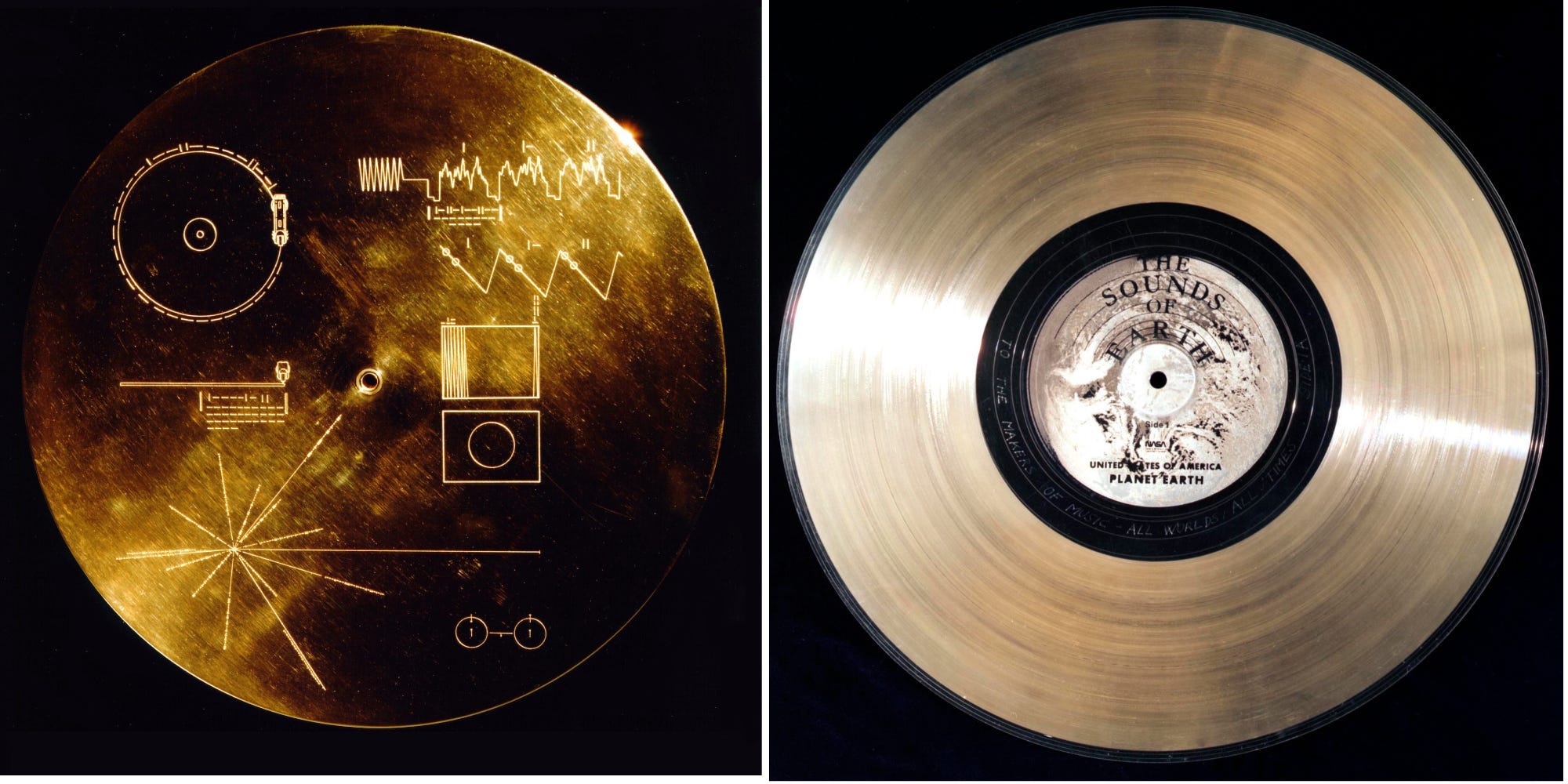 I due lati del record d'oro della NASA a bordo delle sonde Voyager sono mostrati qui.