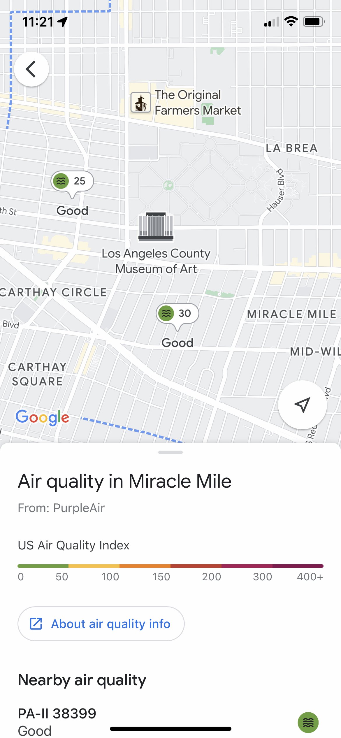 Uno screenshot di Google Maps che mostra la qualità dell'aria visualizzata nelle località di Los Angeles.
