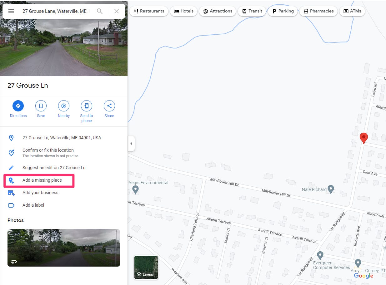 Screenshot di Google Maps con il pulsante "Aggiungi un luogo mancante" evidenziato.