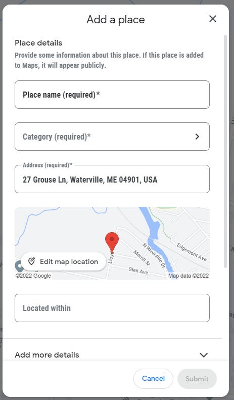 Screenshot della schermata "Aggiungi un posto mancante" di Google Maps.