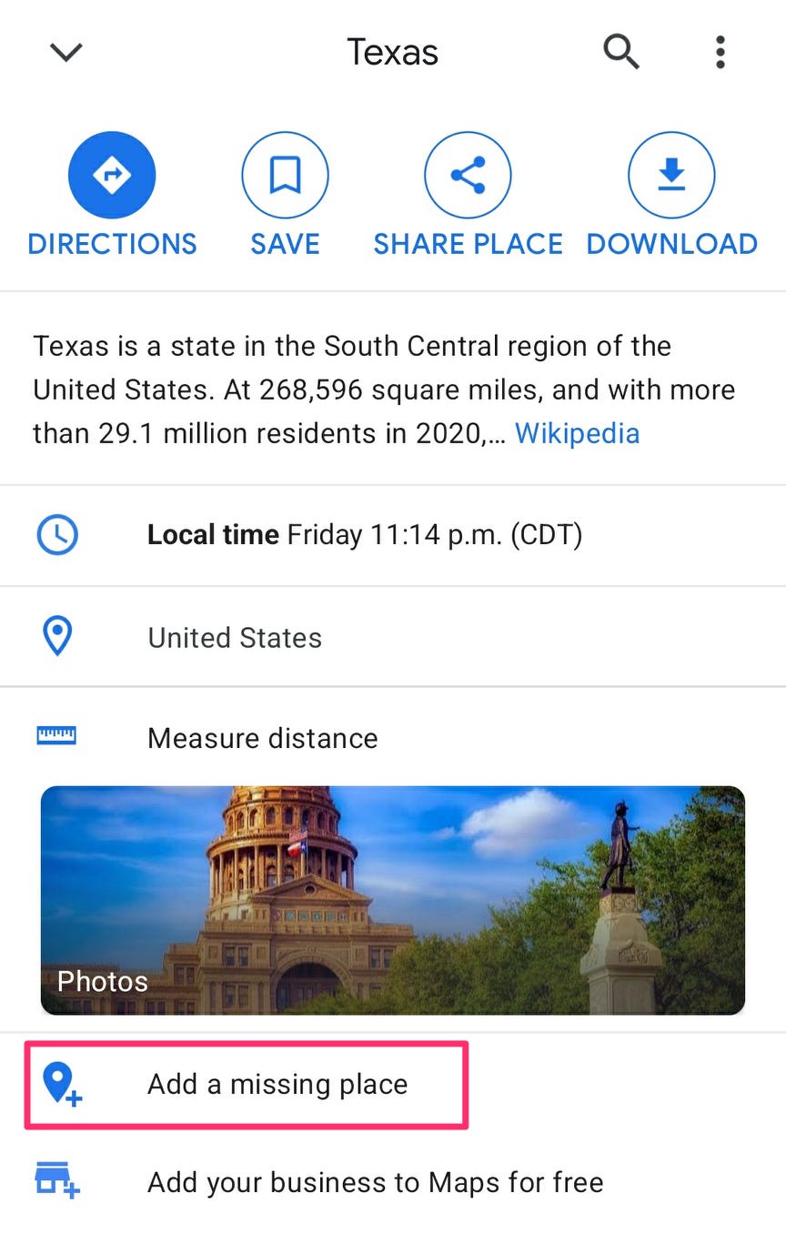 Screenshot dell'app Google Maps per Android con il pulsante "Aggiungi un luogo mancante" evidenziato.