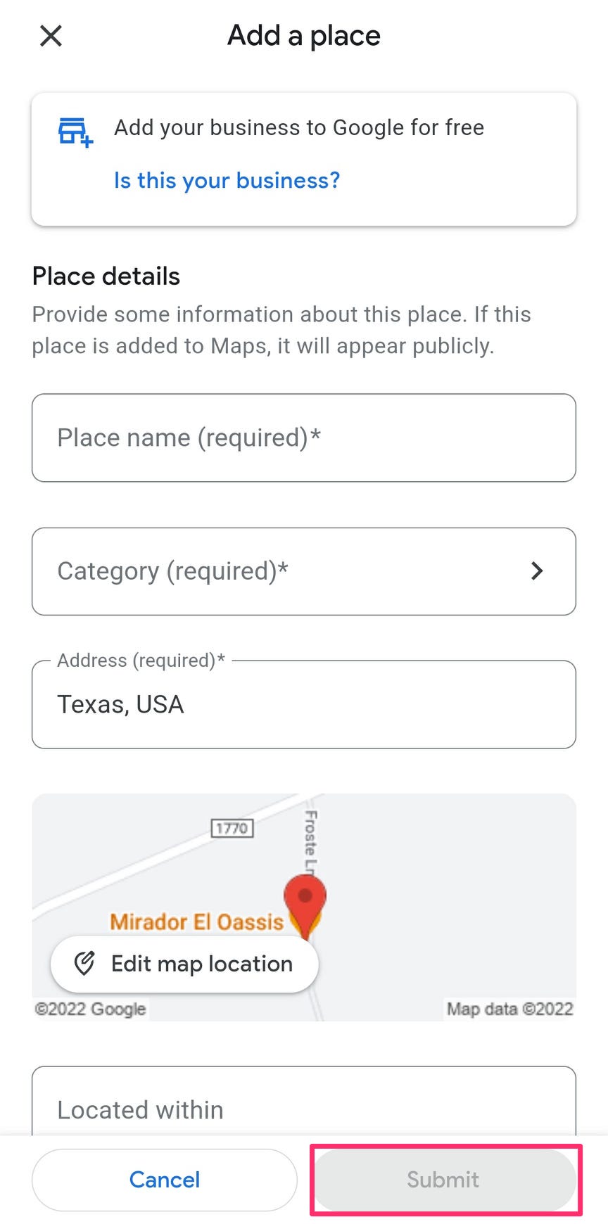 Screenshot della schermata "Aggiungi un posto mancante" con il pulsante Invia evidenziato.