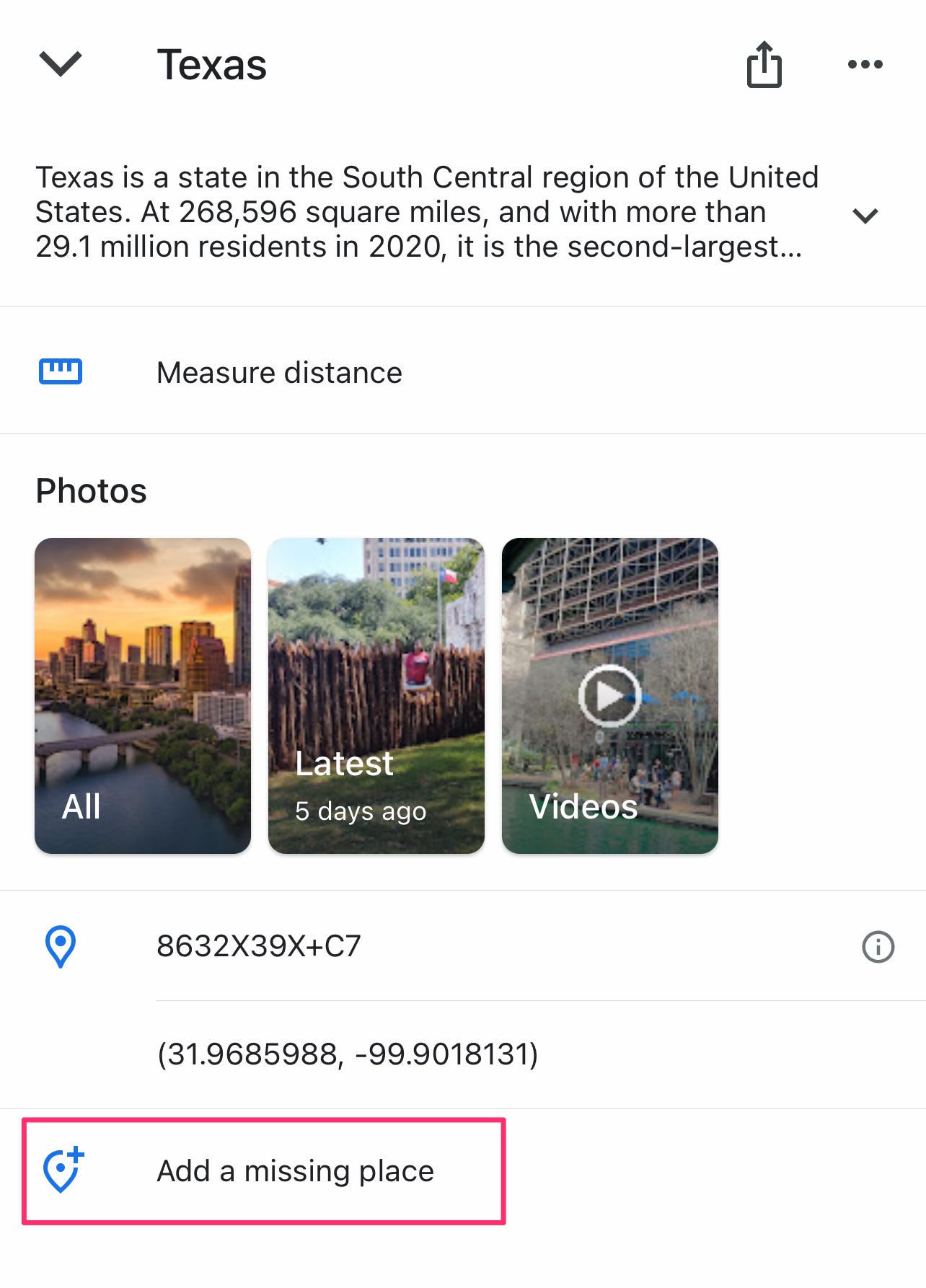 Screenshot dell'app Google Maps per iOS con il pulsante "Aggiungi un luogo mancante" evidenziato.