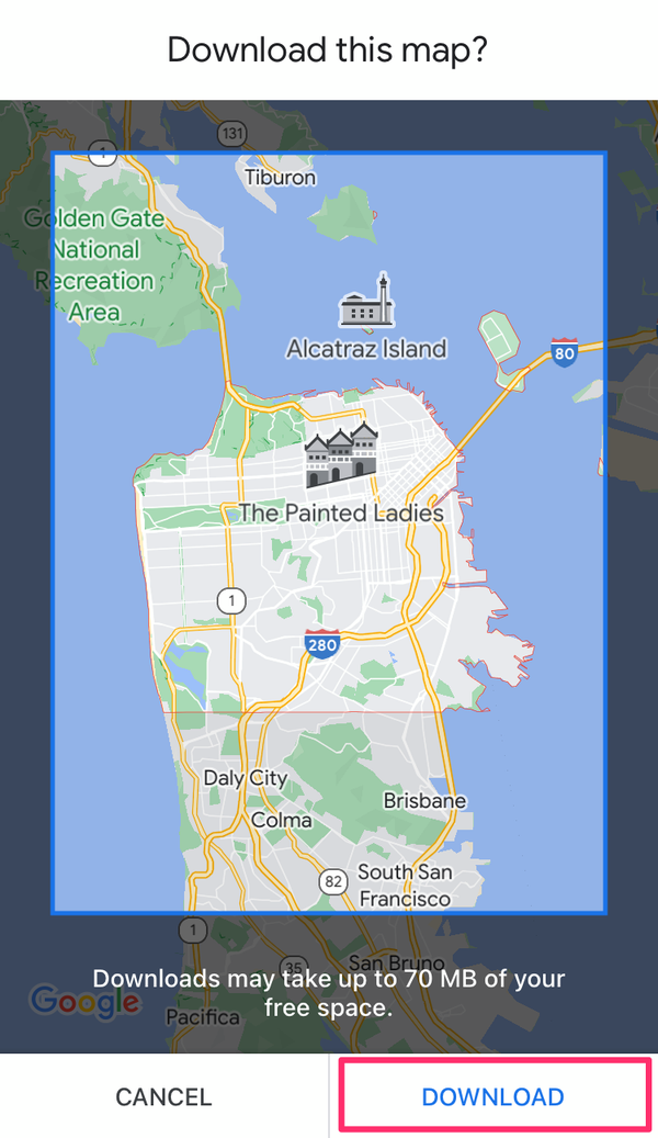 Screenshot che mostra il pulsante di download su Google Maps.