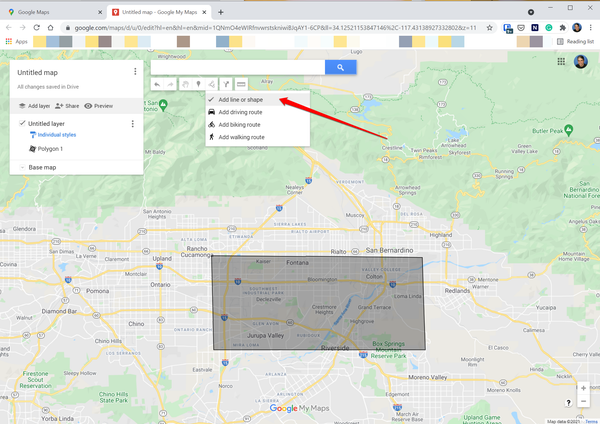 [draw-route-google-maps5.png: / Personalizzazione di una mappa con linee e forme in Google Maps.]