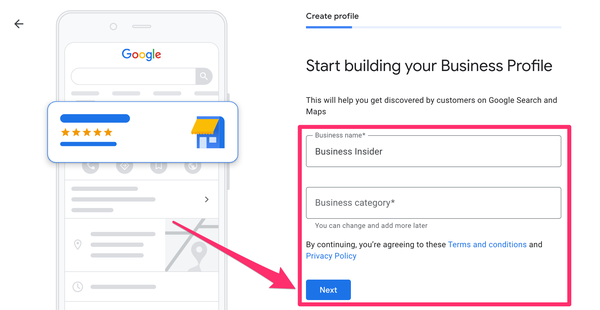 Screenshot della pagina di Google Business per aggiungere nome e categoria