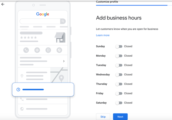 Screenshot dell'aggiunta di orari di apertura di Google Business