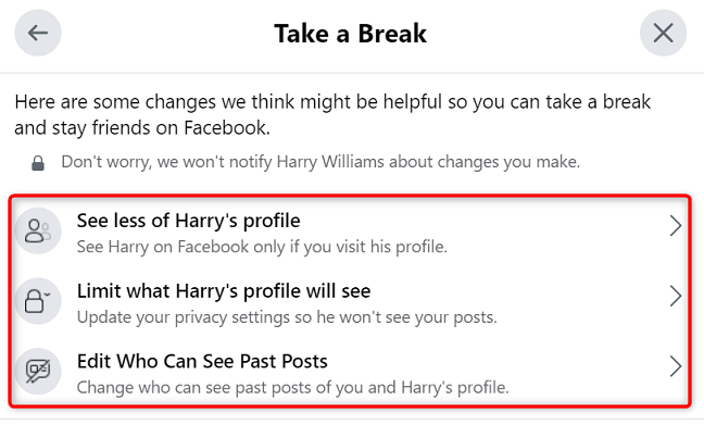 Opzioni "Prenditi una pausa" di Facebook.