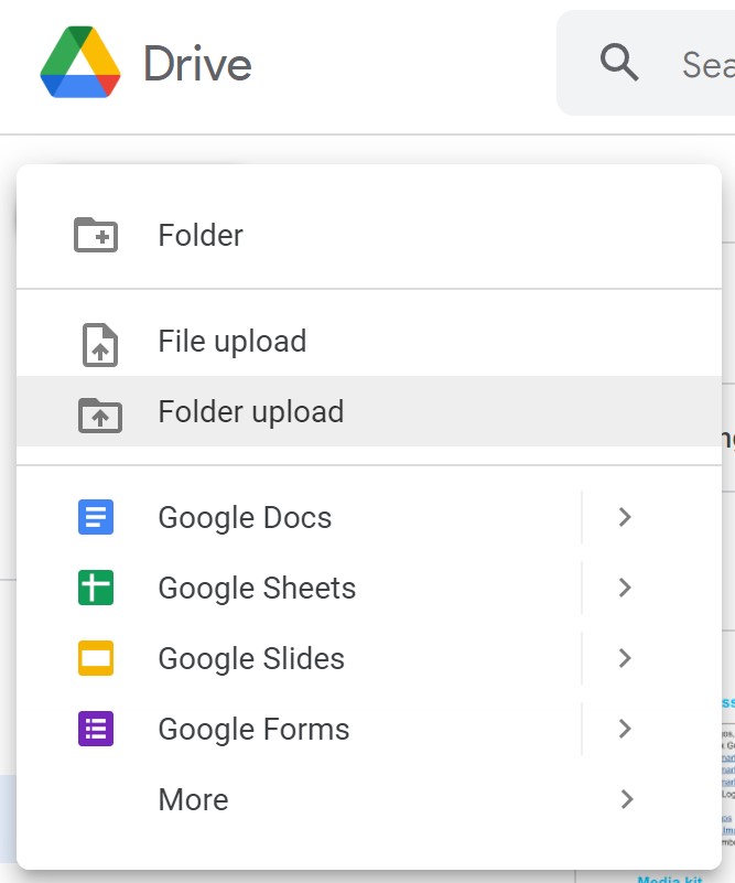 In Google Drive, puoi caricare i tuoi file e dati premendo il pulsante Nuovo e selezionando tra una manciata di opzioni.