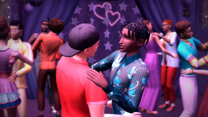 Due Sims ballano al ballo di fine anno in The Sims 4: High School Years.