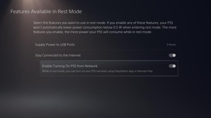 Pagina delle impostazioni della modalità di riposo della PS5.