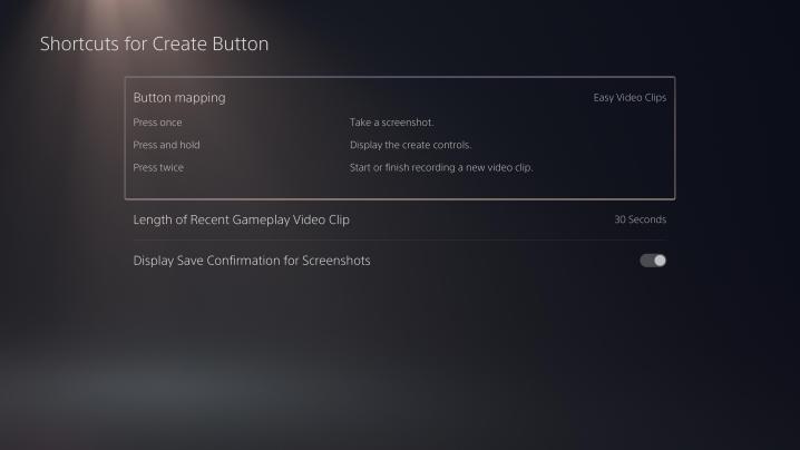 La pagina di personalizzazione del pulsante Crea della PS5.