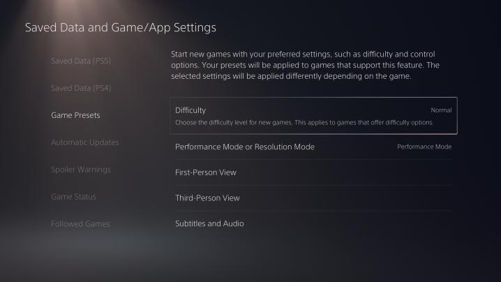 Il menu delle preimpostazioni di gioco per PS5.