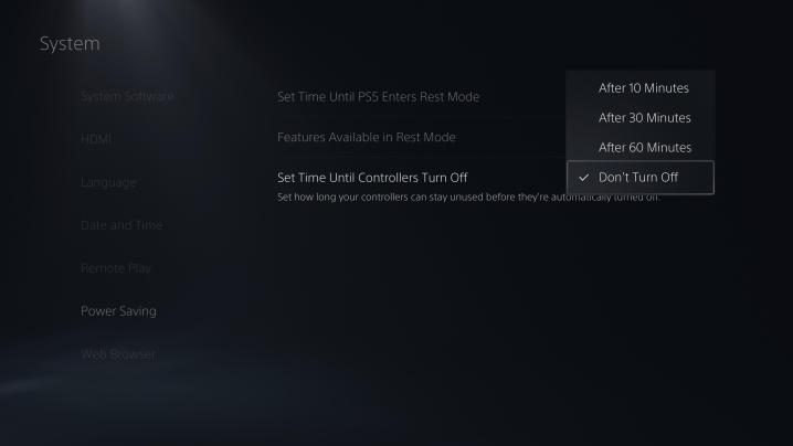 Il menu delle impostazioni di risparmio energetico della PS5.