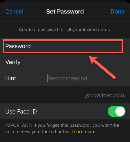 iphone inserisci la password delle note