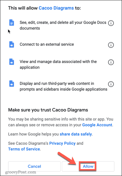 Accettazione delle autorizzazioni dei componenti aggiuntivi in ​​Google Docs