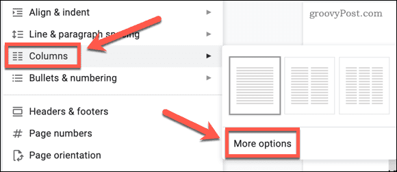Selezione delle opzioni di colonna in Google Docs