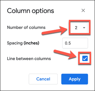 Scelta delle opzioni della colonna in Google Docs