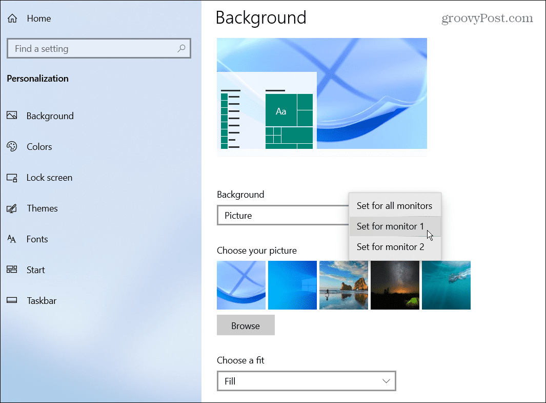 scegli il monitor per lo sfondo di Windows 10