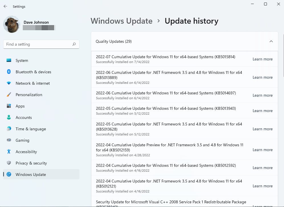 Cronologia degli aggiornamenti di Windows 11.