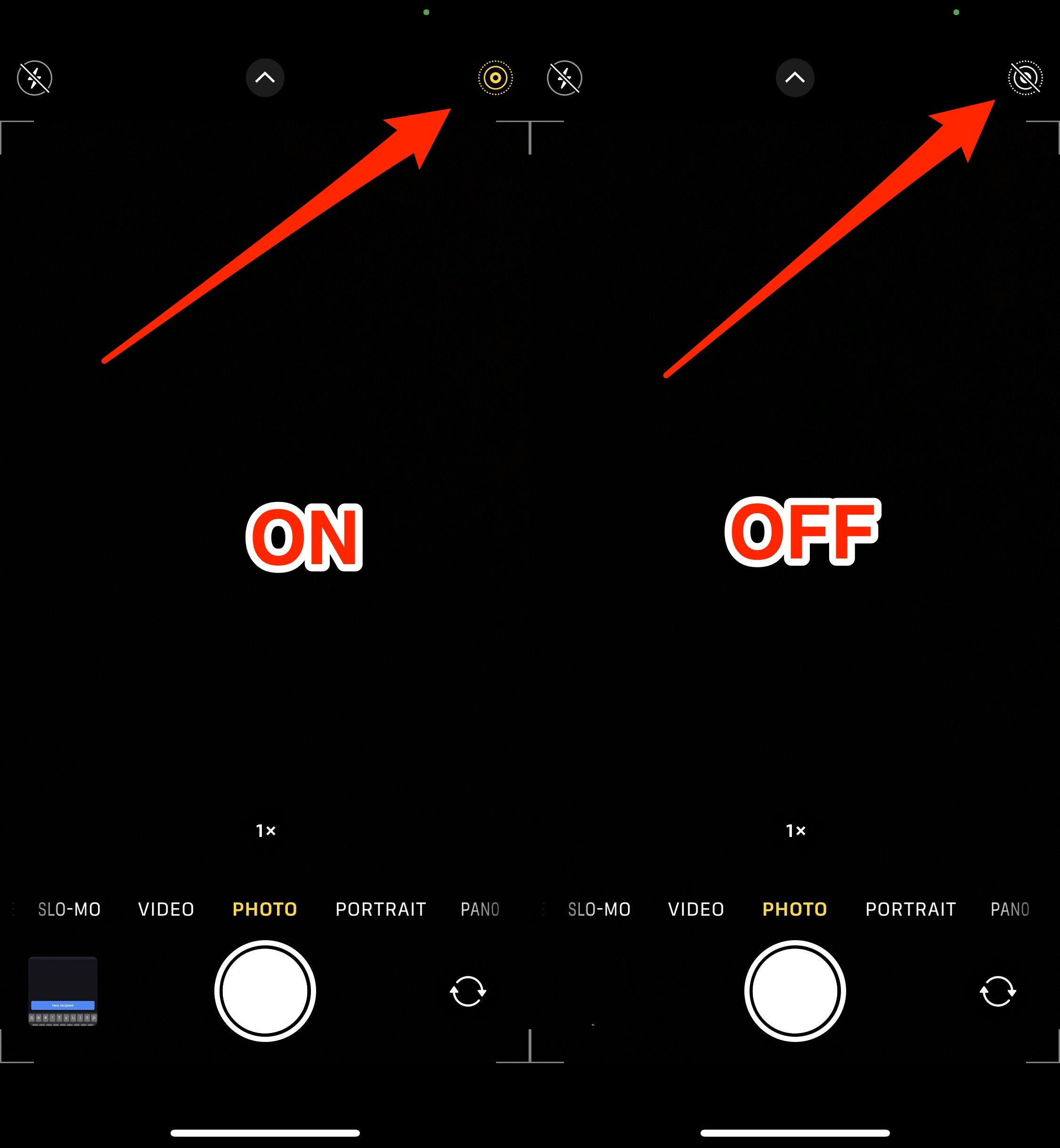 Un'immagine combinata dell'app Fotocamera su iPhone. L'immagine a sinistra mostra che i cerchi concentrici in alto sono gialli e sono stati evidenziati. L'immagine a destra mostra che i cerchi concentrici sono bianchi e sono stati evidenziati.