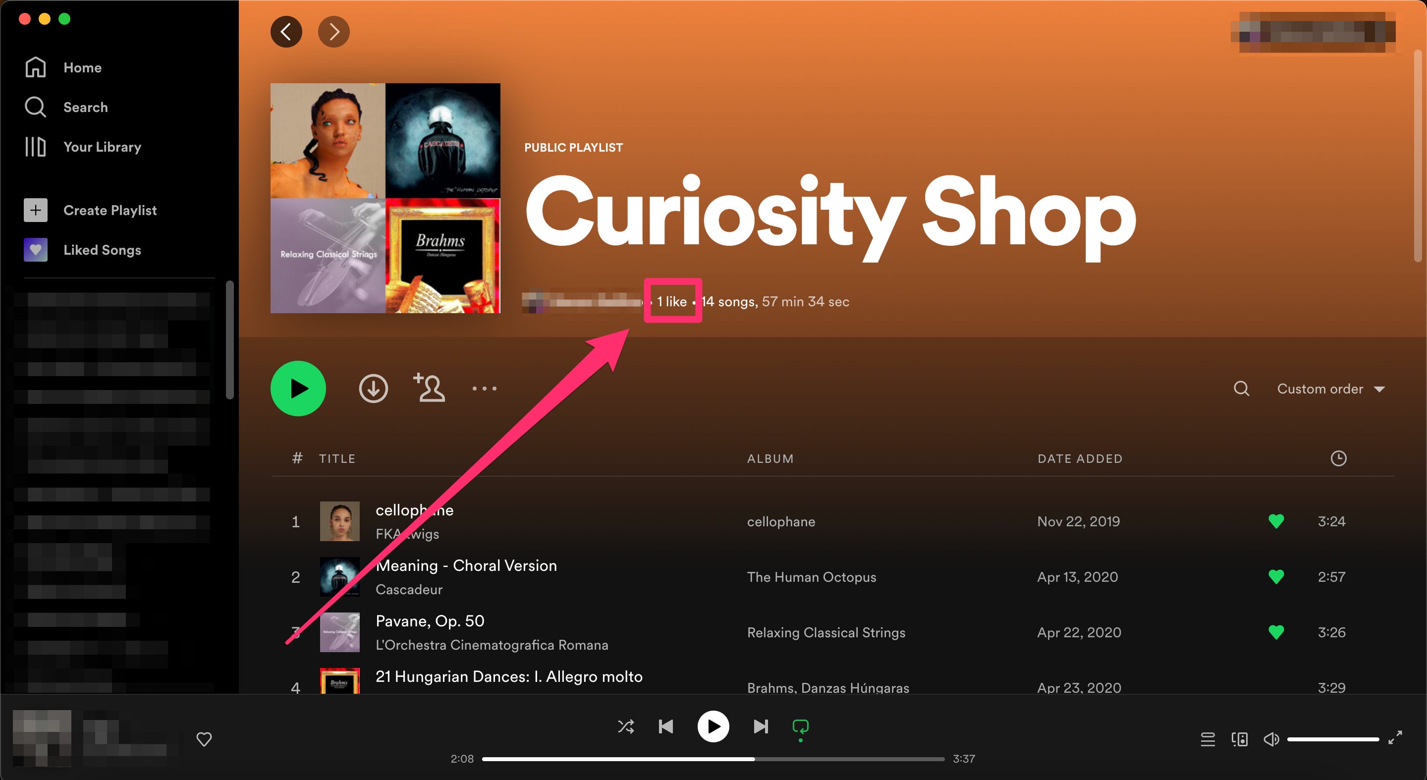 Apparirà uno screenshot che evidenzia dove la playlist di Spotify piace o segue.